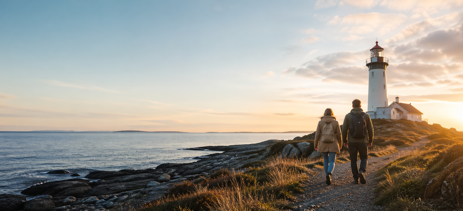 Kaksi ihmistä kulkee rantapolkua kohti majakkaa
